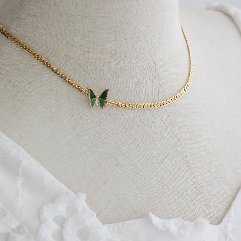 Cuban Chain Retro Green Butterfly Necklace